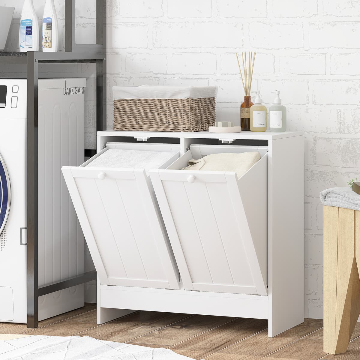 Kleankin Mobile Portabiancheria con 2 Scomparti a Ribalta in Legno, 60x33x68cm, Bianco