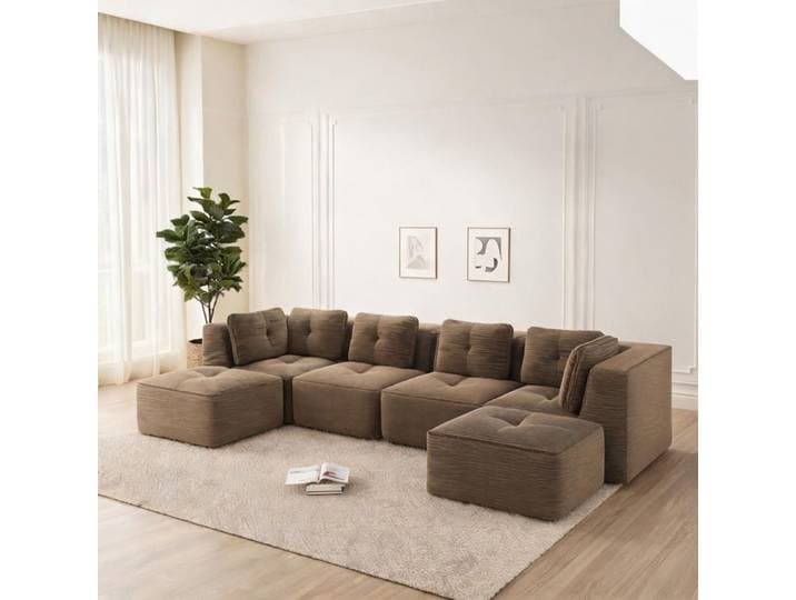Canapé convertible modulable en tissu cordouan brown-toned forme U avec ottomane 2 à 4 couchages sans montage