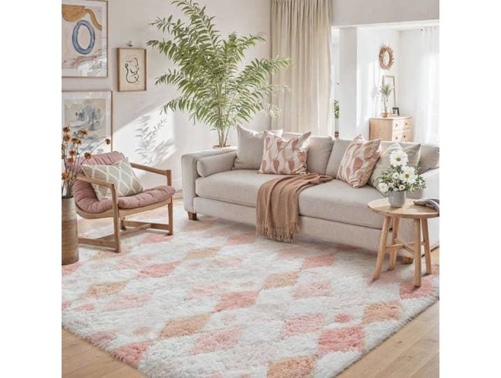 Tapis shaggy motif damier 140×200 cm - doux et moelleux antidérapant - descente de lit rose et blanc pour décoration chambre
