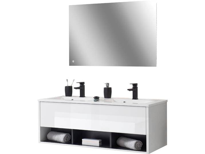 Badmöbel-Set HOME AFFAIRE Studio Line, Bad im modernen Design, 2-teiliges Badezimmer , weiss (weiß, weiß, applikation anthrazit), B:120cm, Kastenmöbel-Sets, Badmöbel-Set, Waschtisch und Spiegel, in zwei Farben verfügbar, viel Stauraum