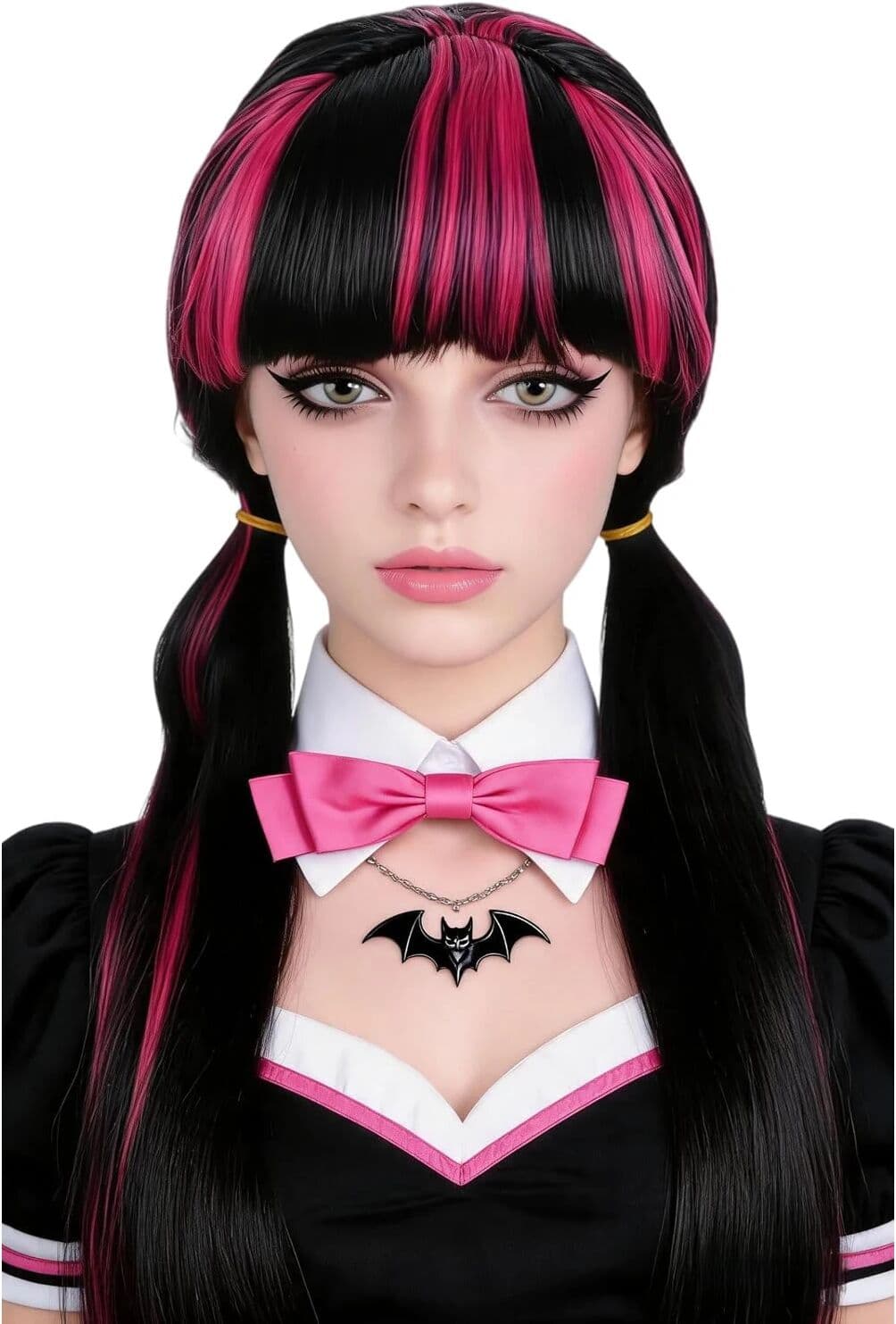 hairjoy Synthetic Hair Black Pink Long Straight Pigtail Wig with Bangs Gothic Vampire Wig  Halloween Party Cosplay Costume