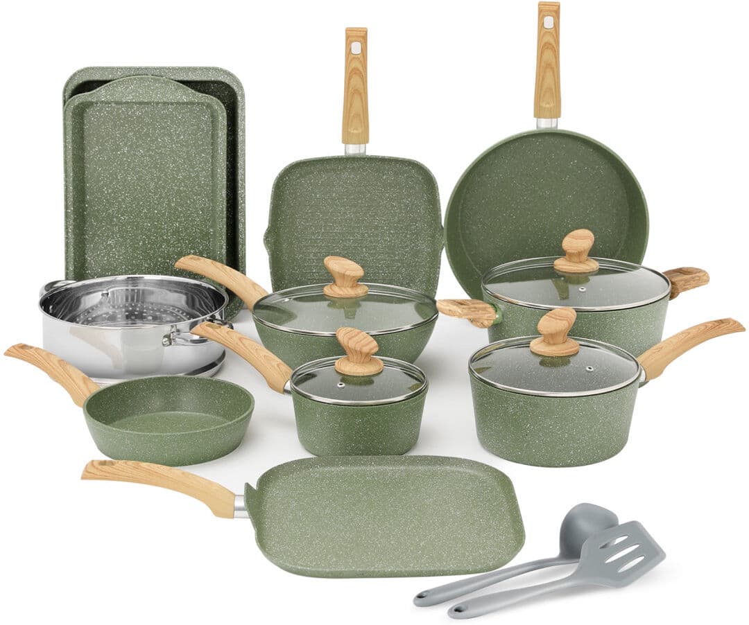 Blue Elephant 17 - Piece Non-Stick Aluminum Cookware Set Green/Natural 17