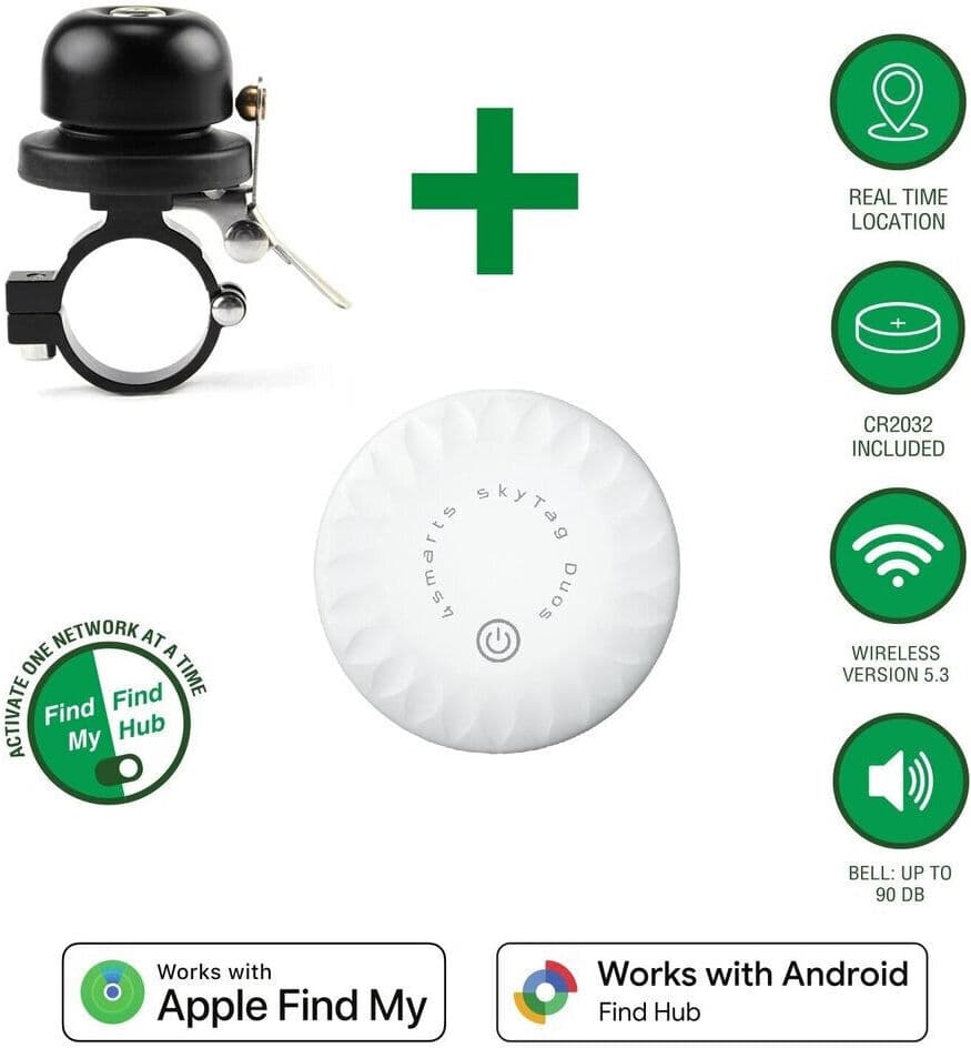 4smarts SkyTag GPS Tracker med Ringklokke til Cykel - Apple Find My & Android Find Hub - Hvid / Sort
