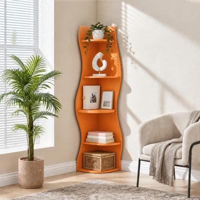 Kodotan sofa 5-Tier Corner Shelf, Modern Wavy Corner Bookshelf, Tall Corner Storage Rack, Space-Saving Display Stand with Rounded Edges