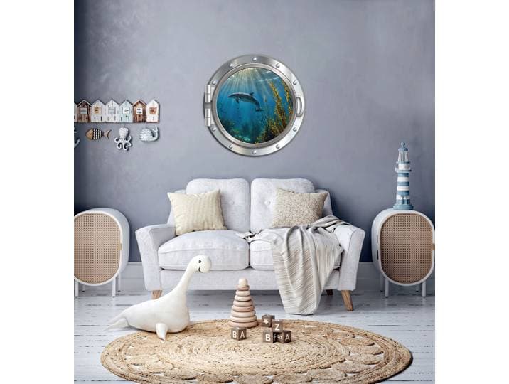 Wandsticker QUEENCE 3D Bullauge Illusion Unterwasserwelt Delfine 40x40 cm , silberfarben 2, Ø:40cm, Vinyl, Wandtattoos, Wandsticker, Selbstklebender Wanddurchbruch Unterwasser