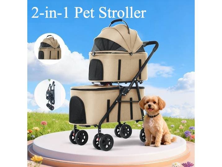 Poussette double pour animaux de compagnie avec porte-bébé amovible pour chiens et chats de petite et moyenne taille, roues universelles durables avec freins, capacité maximale de 30 lb