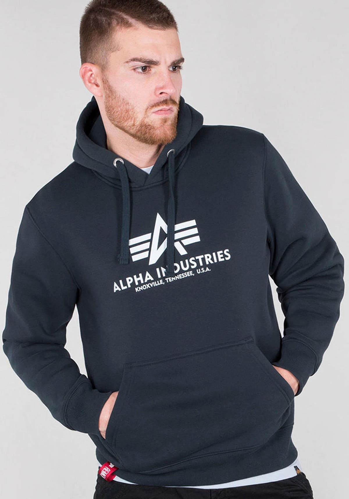 Kapuzensweatshirt ALPHA INDUSTRIES "Basic Hoody", Herren, Gr. L, blau (navy), angeraute Sweatware, Obermaterial: 80% Baumwolle, 20% Polyester, bedruckt, normal normal, Rundhals, Rippbündchen, Sweatshirts Kapuzensweatshirt, Baumwollmischung, regular fit na