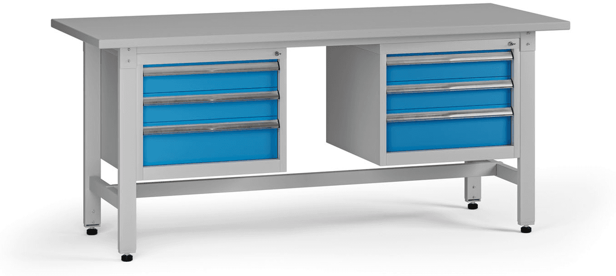 B2B Partner Stół warsztatowy z regulacją wysokości G5, 1800 x 750 x 800-1000 mm, 2x kontener, 6x szuflada, niebieski