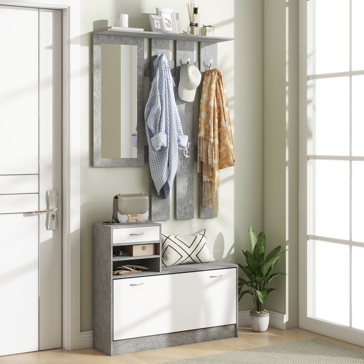 Homcom Set Mobile da Ingresso con Appendiabiti a 6 Ganci, Mobile Scarpiera con Cassetto e Specchio, Grigio