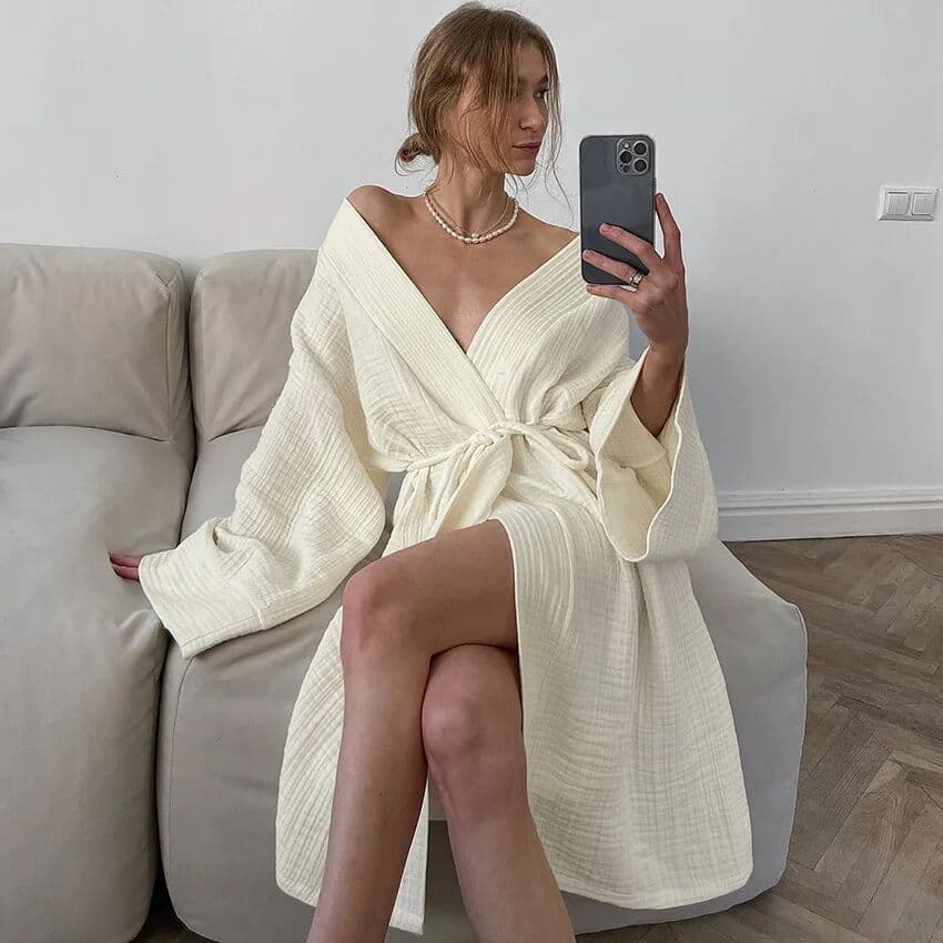 NONE Women Waffle Knit 100% Cotton Kimono Bathrobe Long Sleeve Wrap Robe V Neck Tie Waist Midi Loungewear Nightgown Spa Home Robe