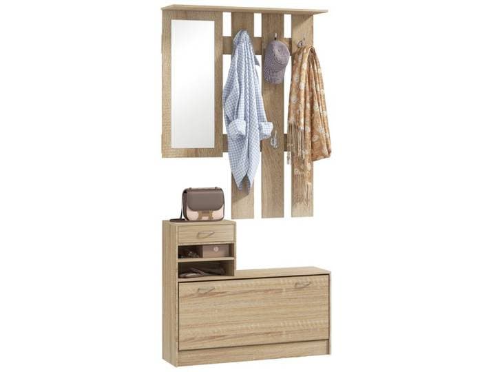 Vestiaire mural - Porte-manteau avec miroir - Crochets - Tiroirs - Bois - Effet chêne - Pour salle de bain et intérieur - ZENLINKJH