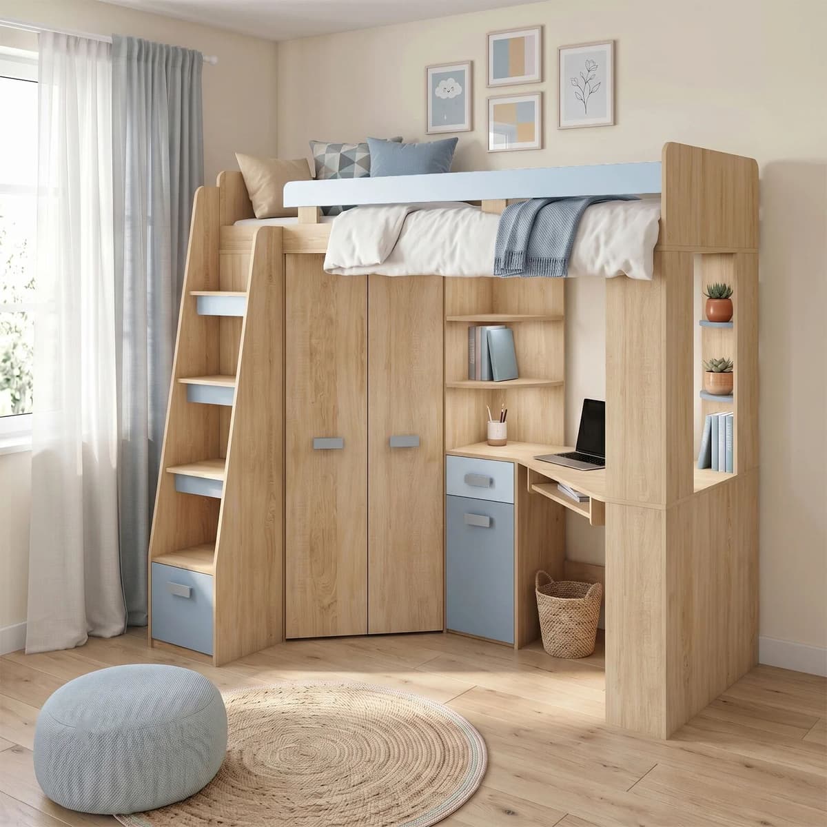 garneroarredamenti Letto a soppalco 204x120cm sinistra rovere blu Dollie Gihome®