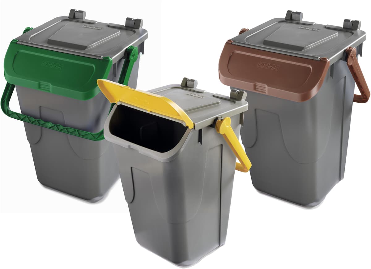 Tecnomat KIT 3 BIDONI MOBILPLASTIC 35 l ECOLOGY VERDE MARRONE E GIALLO CON CORPO GRIGIO