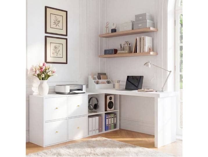 Bureau d'angle blanc 120 x 48 x 78 cm + 140 x 35 x 74 cm pivotant 360° MDF 4 tiroirs 8 rangements