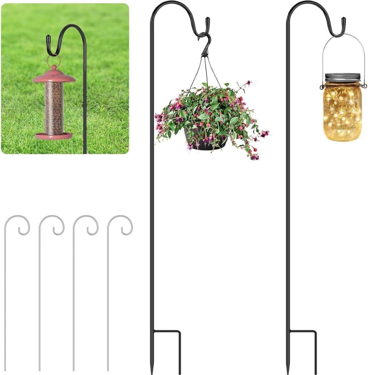 Set van 2 Shepherd Hooks met dubbele haak - 75 cm - Tuinprikkers voor vogelkooien en lantaarns