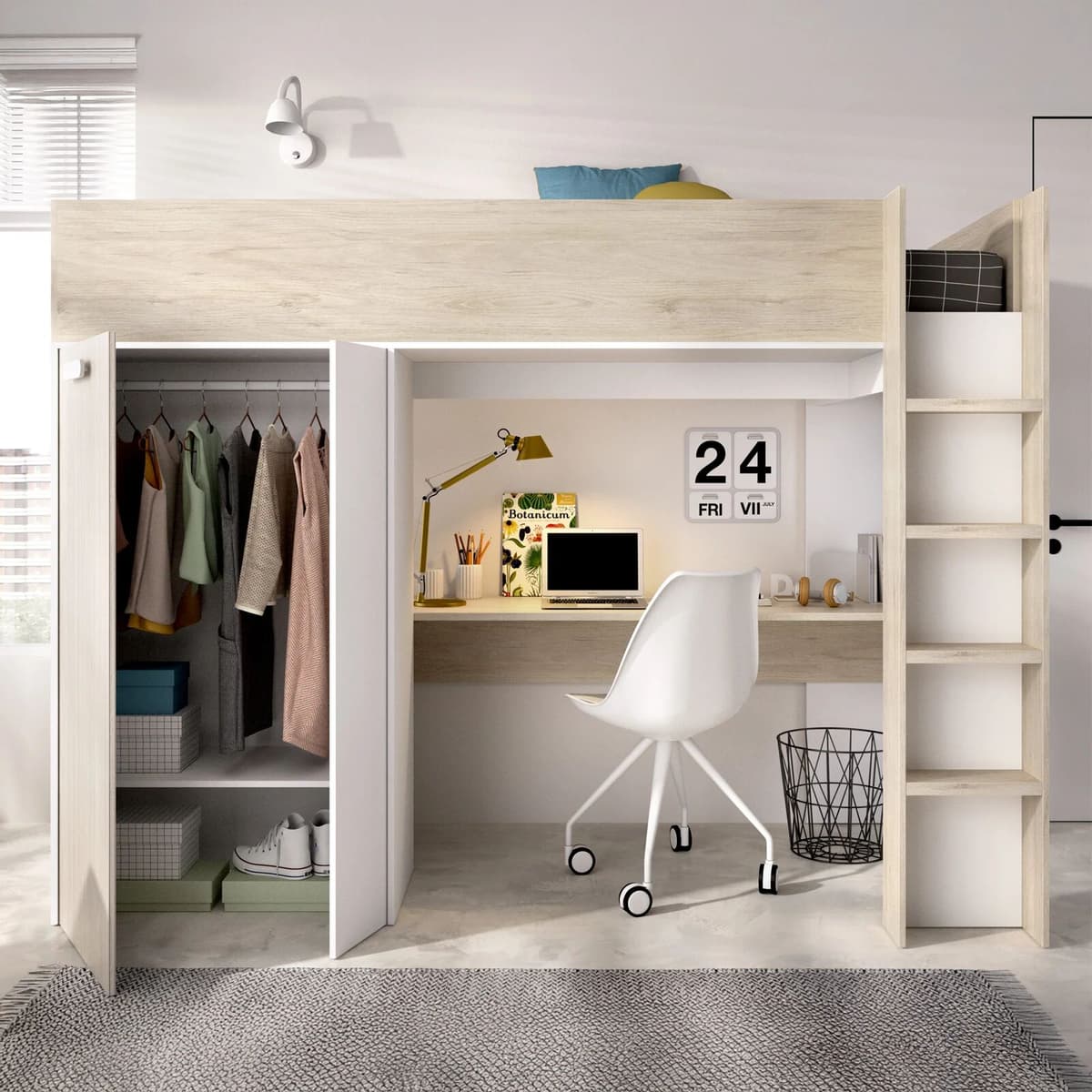 garneroarredamenti Letto a castello per bambini con scrivania e armadio 205x112cm rovere bianco Lenny