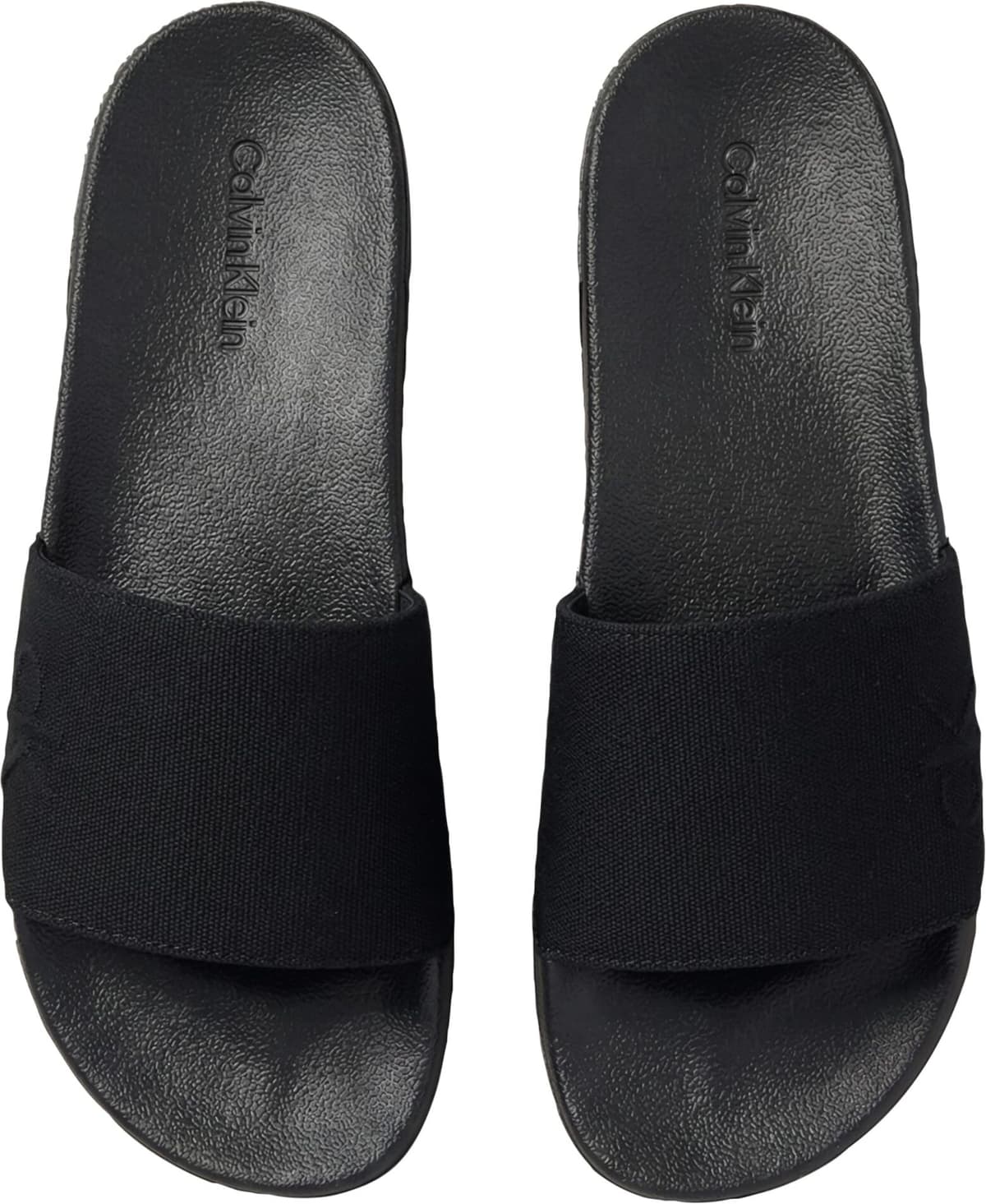 Pantolette CALVIN KLEIN "ESS SLIDE HF SIDE LOGO CV", Damen, Gr. 42, schwarz, Textil, unifarben, Basic, Schuhe Pantolette, Strandschuh, Sommerschuh, Flat mit Textil-Bandage, schmale Form