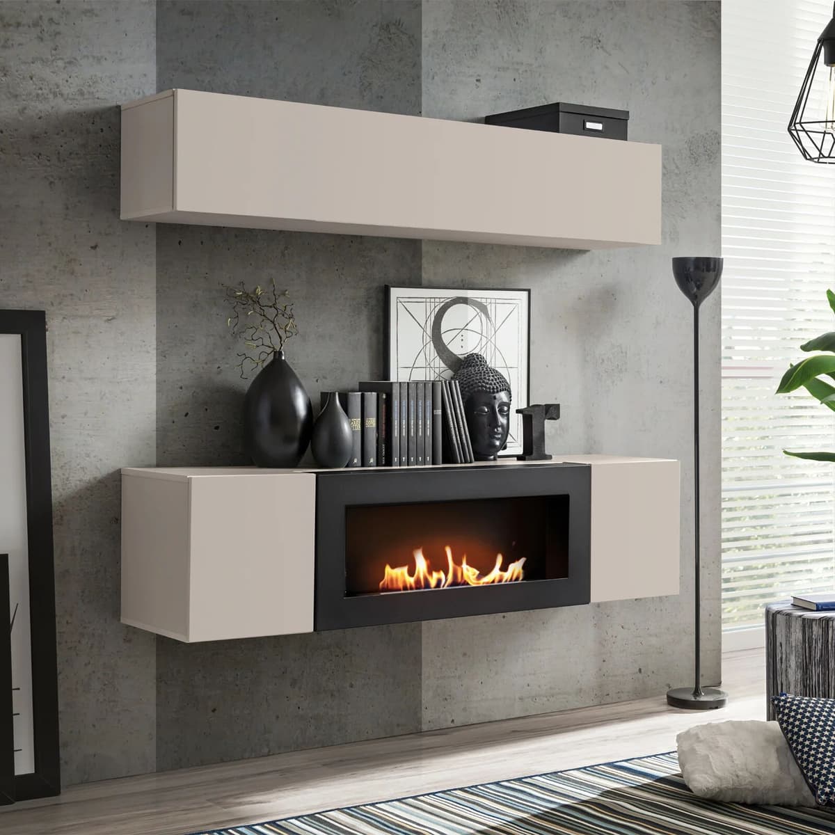 garneroarredamenti Parete attrezzata sospesa 160x150h cm con biocamino beige cashmere Ignis 2 Gihome®