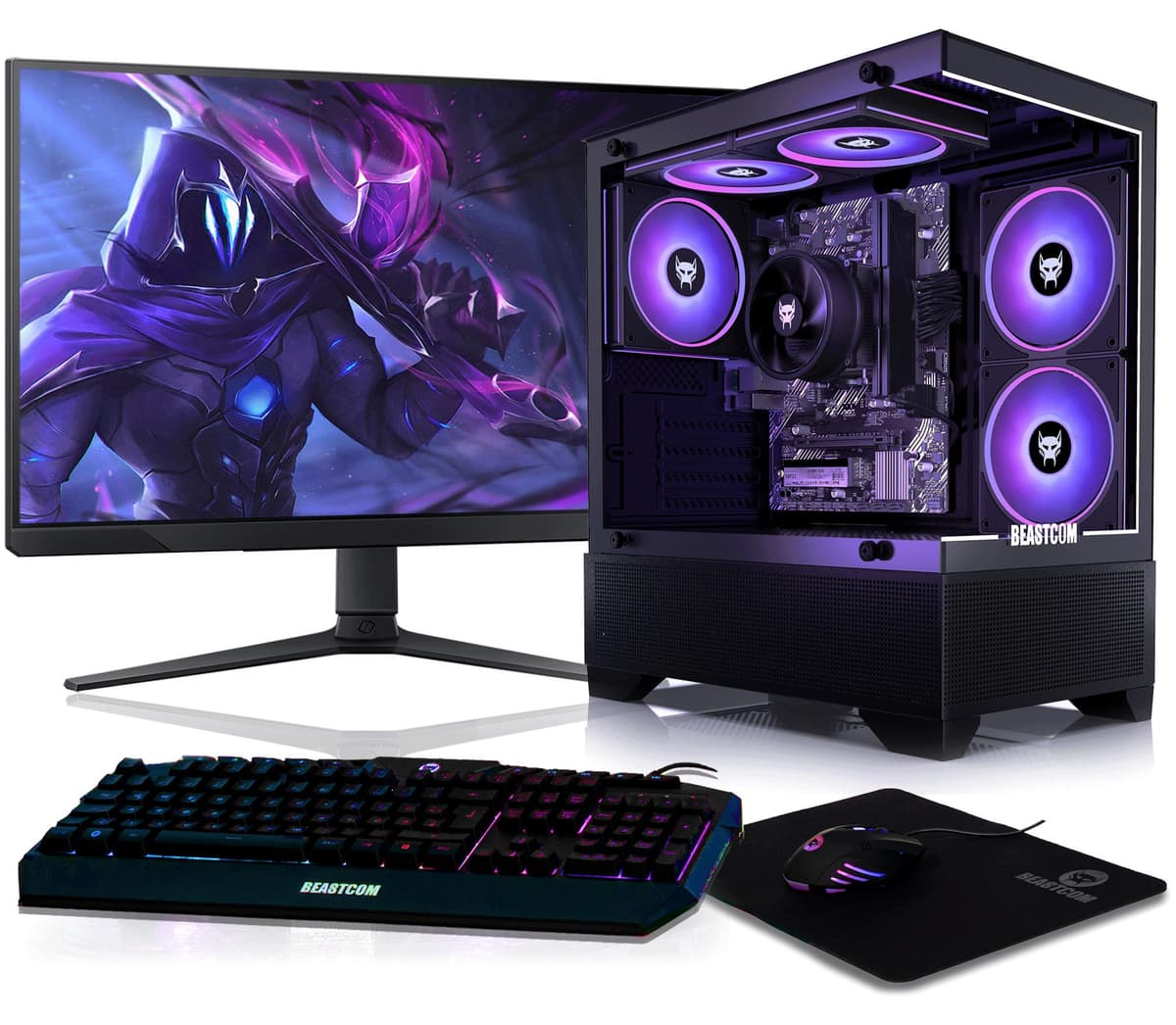 BEASTCOM Q3 Essential Gaming, Komplett Set PC, AMD Ryzen 5 4X 4,20GHz 8 Threads, 4K Vega 11 Kern Grafik, 16GB RAM, 512GB SSD, Monitor LED 24", Tastatur, Maus, Mauspad, WiFi, Windows 11 Pro