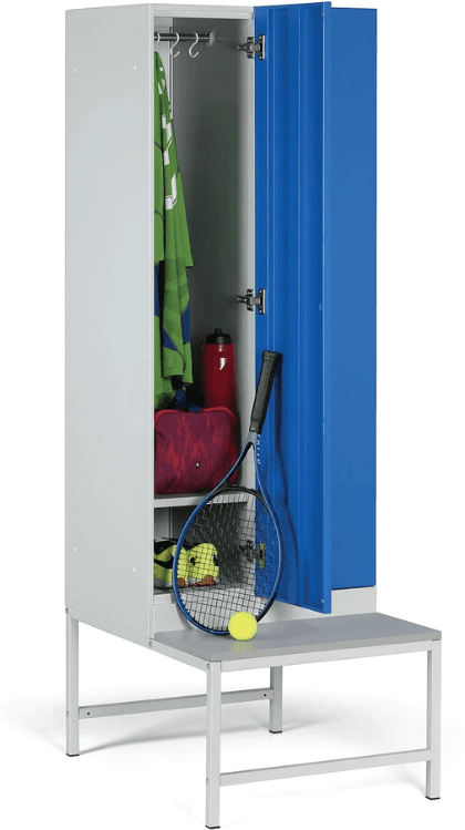 B2B Partner Šatníková skrinka S1 s lavičkou, 2 oddiely, 1875 x 600 x 500/800 mm, demont, zámok s čítačkou RFID kariet, modré dvere