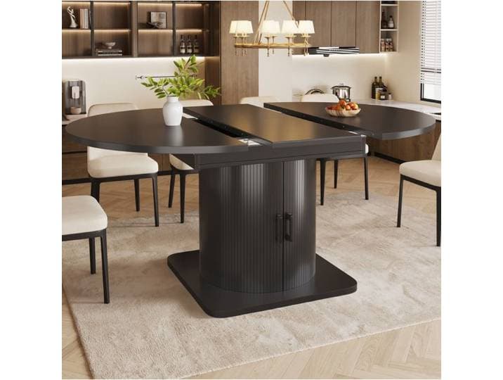 MEULVA Table à manger extensible avec rangement plateau MDF structure en métal noir pour petits espaces