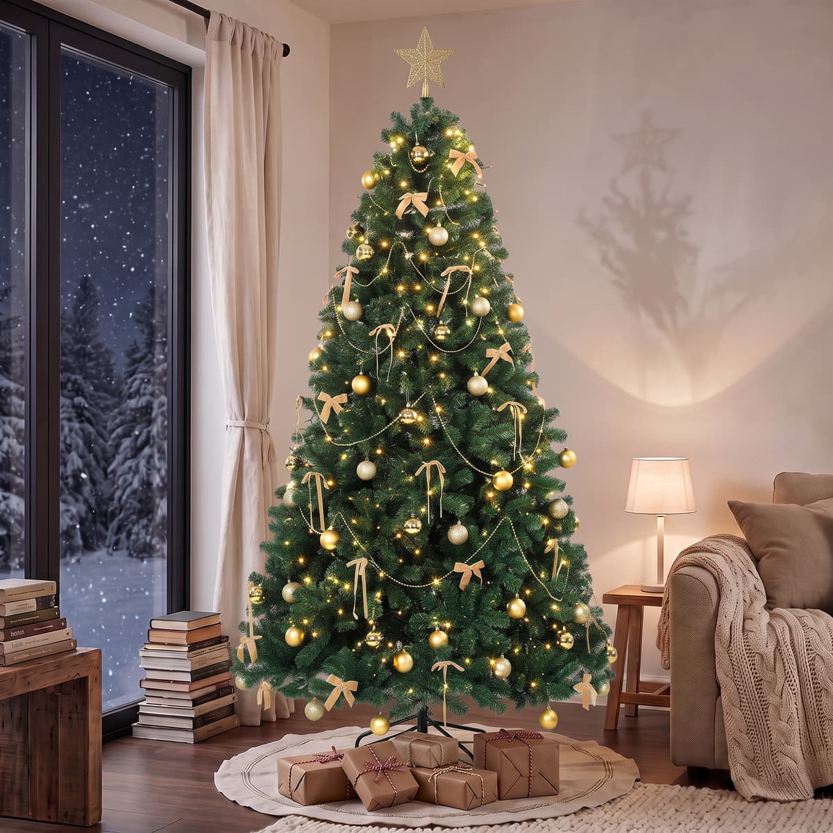Homcom Albero di Natale decorato 230 cm con 296 LED, 755 rami, stella, palline e fiocchi, Verde   Aosom Italy