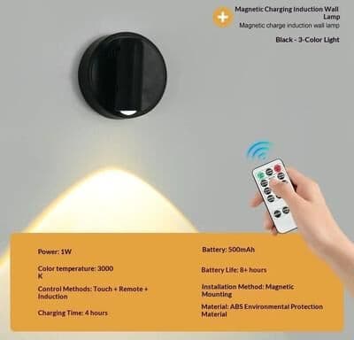 Uplift Picks Magnetic Rechargeable Reading Light No Drill Dimmable Wall Spotlight black 3 Colors + Remote