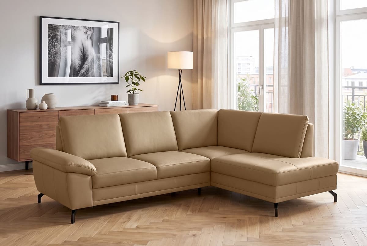 Ecksofa SIT & MORE "Chelsea L-Form, B: 249 cm, Armteil- & Sitztiefenverstellung, Leder", cappuccino, B:249cm H:89cm T:190cm, Sofas, Ecksofa, Couch optional mit Schlaffunktion und Bettkasten, Sitzhöhe 45 cm cappuccino B/H/T: 249cm x 89cm x 190cm, NaturLEDE
