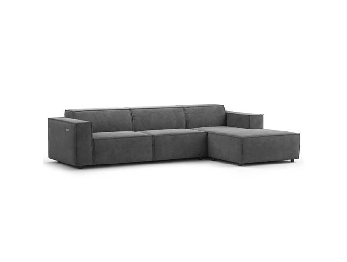 home24 Hoekbank met chaise longue grijs/grijs velours Shyla 294cm chaise longue vooraanzicht rechts zitdiepeverstelling modern
