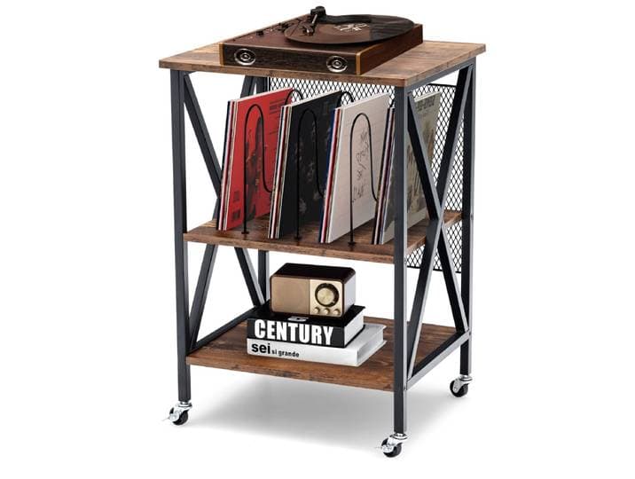 Platenspeler Standaard met Vergrendelbare Wielen 3-Laags Platenspeler Standaard Rustiek Vinyl Platenrek met 3 Verdelingen Bruin