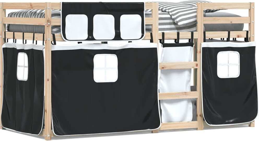 Etagenbett mit Vorhängen Weiß Schwarz 90x200 cm Kiefernholz
