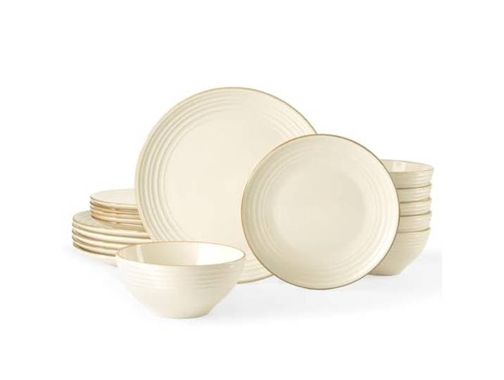 Richmount Jupiter Geschirrset 6 Personen, komplett mit Teller Set & Müslischalen, Steingut Geschirr Set mit Speckles & Rillen-Design, Spülmaschinenfest & Mikrowellengeeignet, Kratzfest, Vanilleweiß