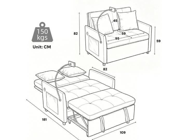 Canapé convertible 1 place fauteuil lit noir avec port USB et support tablette tissu polyester 109 x 72 cm ORVRYN