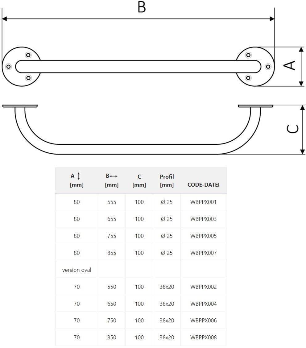 Terma Haltegriff gerade 70/550/100, Profil oval 38/20, WBPPX002, in allen RAL Farben WBPPX002