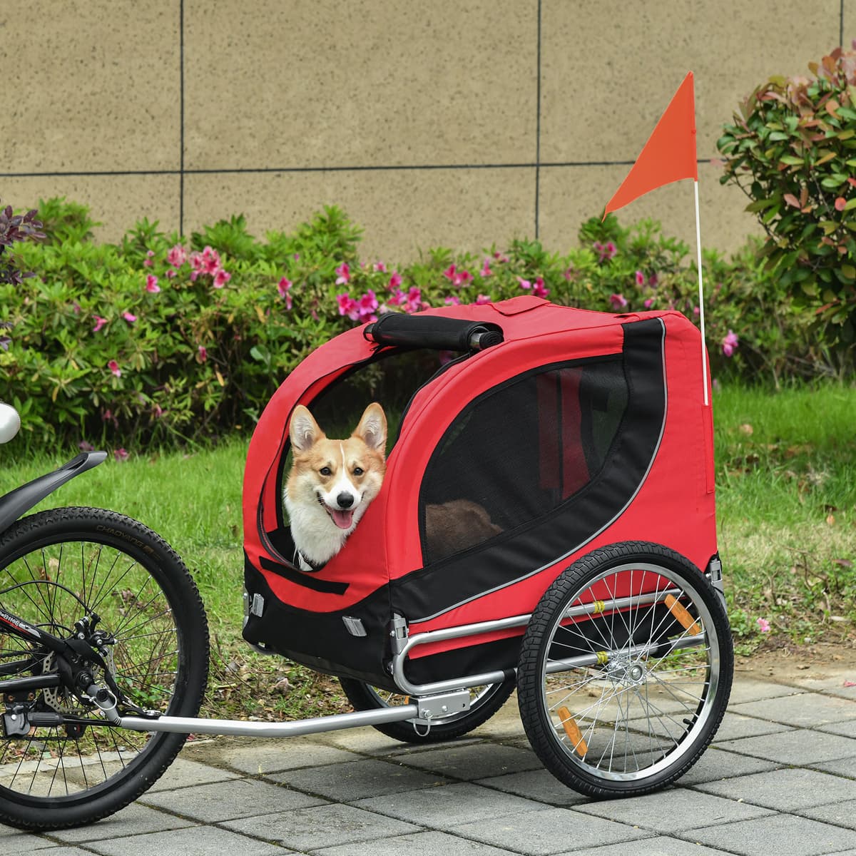 Pawhut Carrello per Cani Rimorchio Bici in Acciaio e Tessuto Oxford Copertura per Pioggia 130x73x90cm Rosso e Nero Aosom