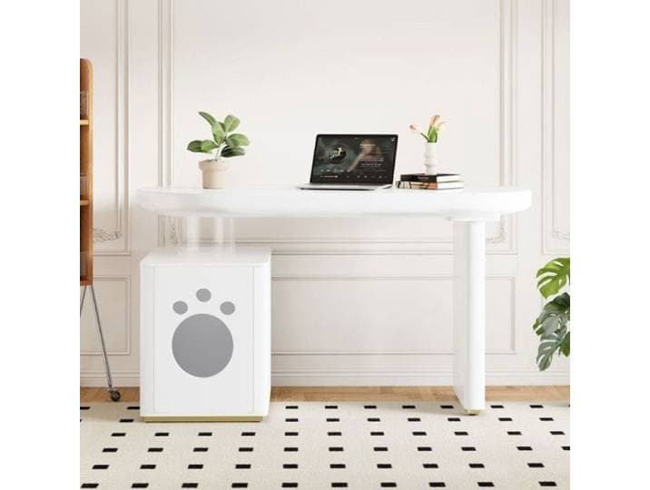 Bureau Blanc pratique 2-en-1 blanc plateau courbe finition brillante nichoir et rangement 117 x 50 x 76 cm