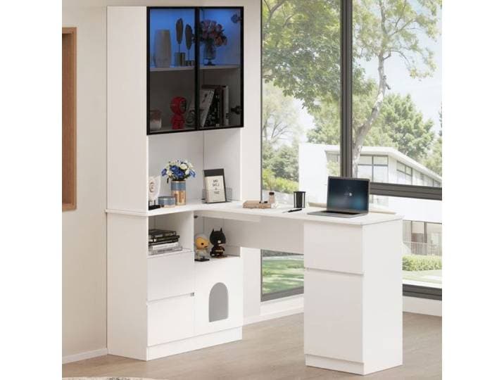 Bureau d'angle tout usage L 120×80×180 cm vitrine LED intégrée 3 tiroirs 2 portes et rangements ouverts pour vos livres