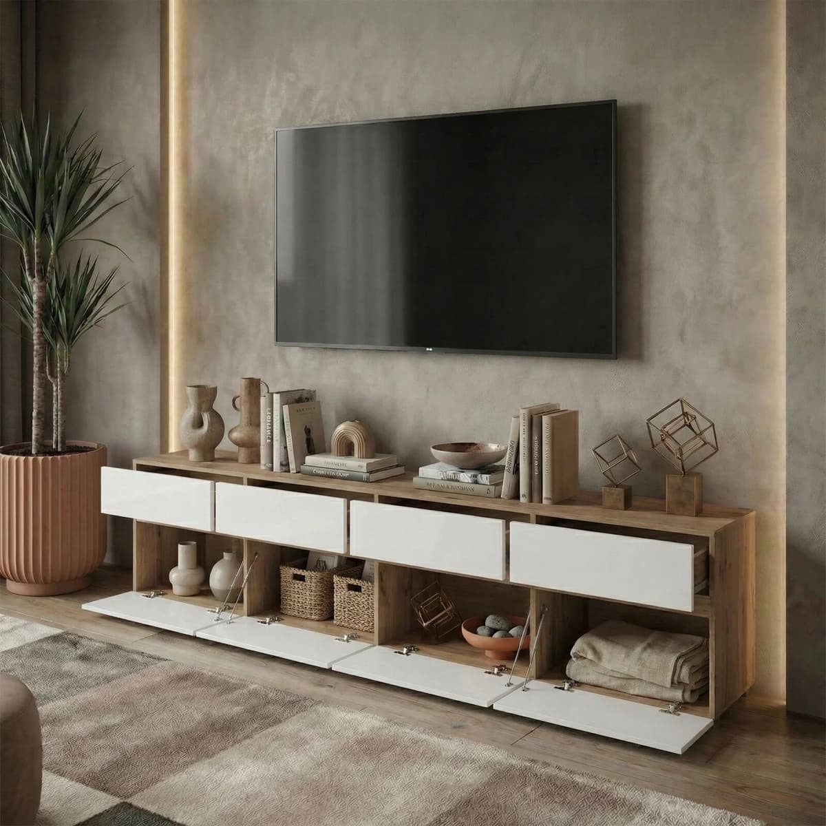garneroarredamenti Mobile tv 225x49h cm 4 ante 4 cassetti bianco rovere Lolla