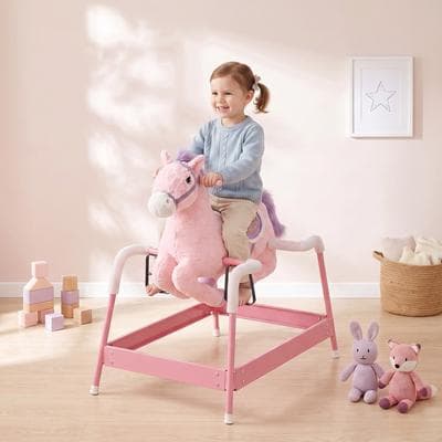 Qaba Kids Spring Rocking Horse, Ride on Horse with Neighing Sounds, Plush Animal Ride on Toy with Covered Spring，Ages 3+ Years