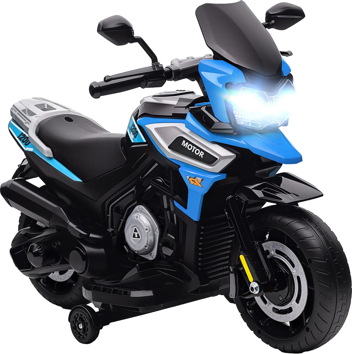Altro Moto Elettrica Per Bambini Con Rotelle, Specchietti E Poggiapiedi, In Pp E Metallo, 85.5x44.5x56 Cm, Blu