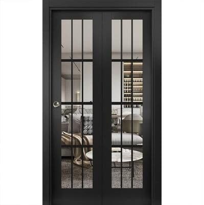 SartoDoors Felicia 3355   Closet Door Bi-fold Door   Solid Wood w/ Glass   Hardware Set   18x80, Matte Black Bedroom Door