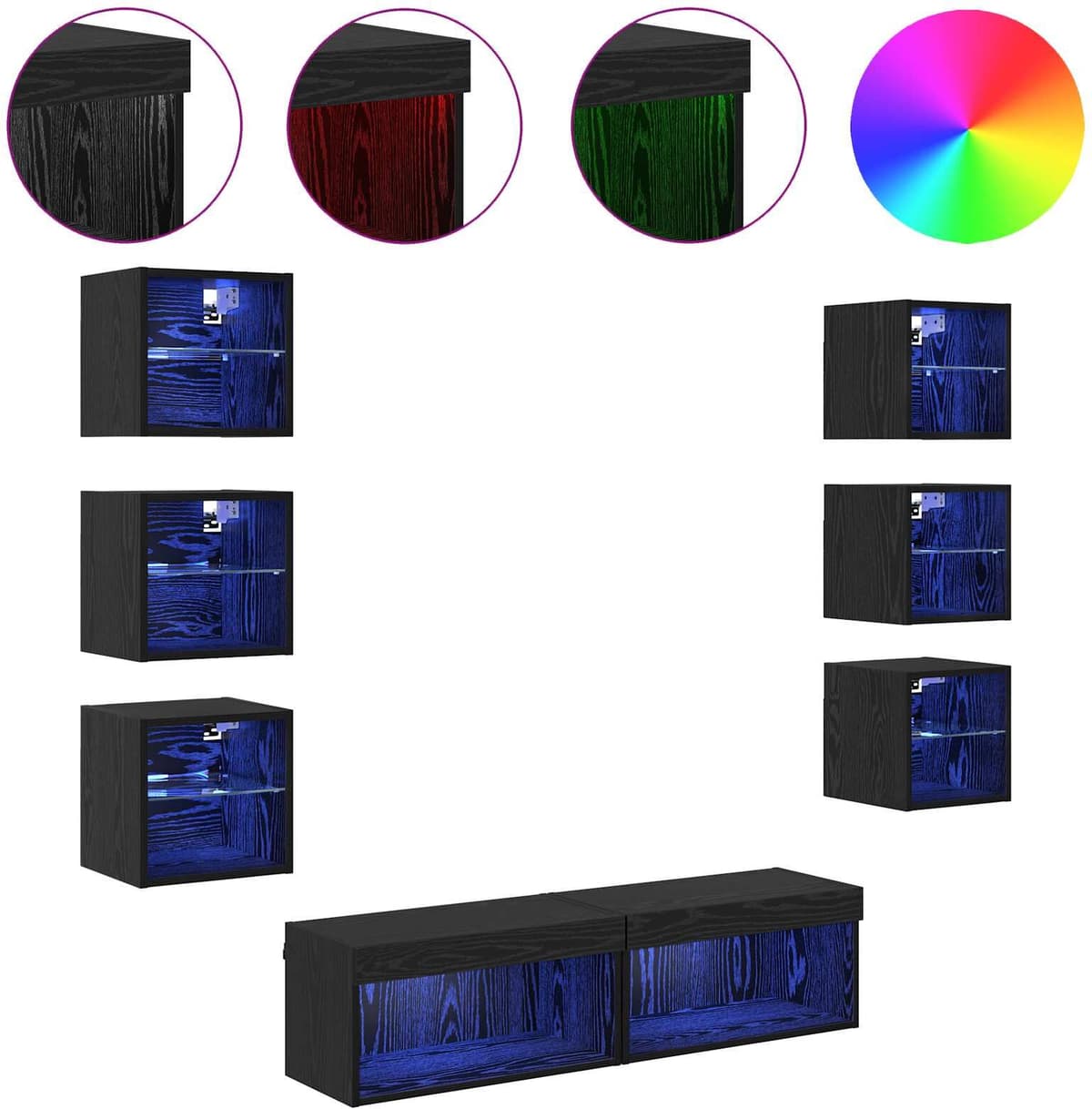 vidaXL Meuble TV 8 pc 60 x 30 x 30 cm Chêne noir Verre
