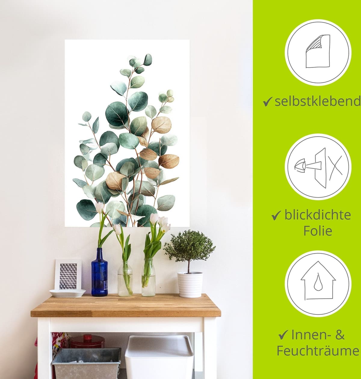 Wandbild ARTLAND "Eukalyptus", farbe bild(er): grün, B:80cm H:120cm, Bilder, Wandbild, als Alubild, Leinwandbild, Poster, Wandaufkleber in verschied. Grössen farbe bild(er): grün B/H/T: 80cm x 120cm, Wandaufkleber - Vinyl Blätterbilder Hochformat, 1 Stk.