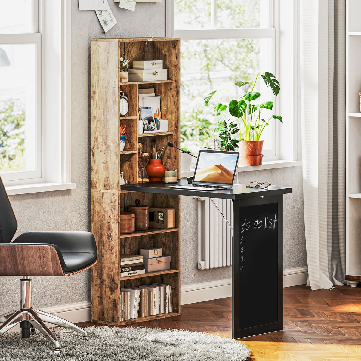 Homcom Scrivania Moderna Pieghevole con Libreria e Lavagna, in Legno e Metallo, 98x51x153 cm, Marrone Rustico   Aosom Italy