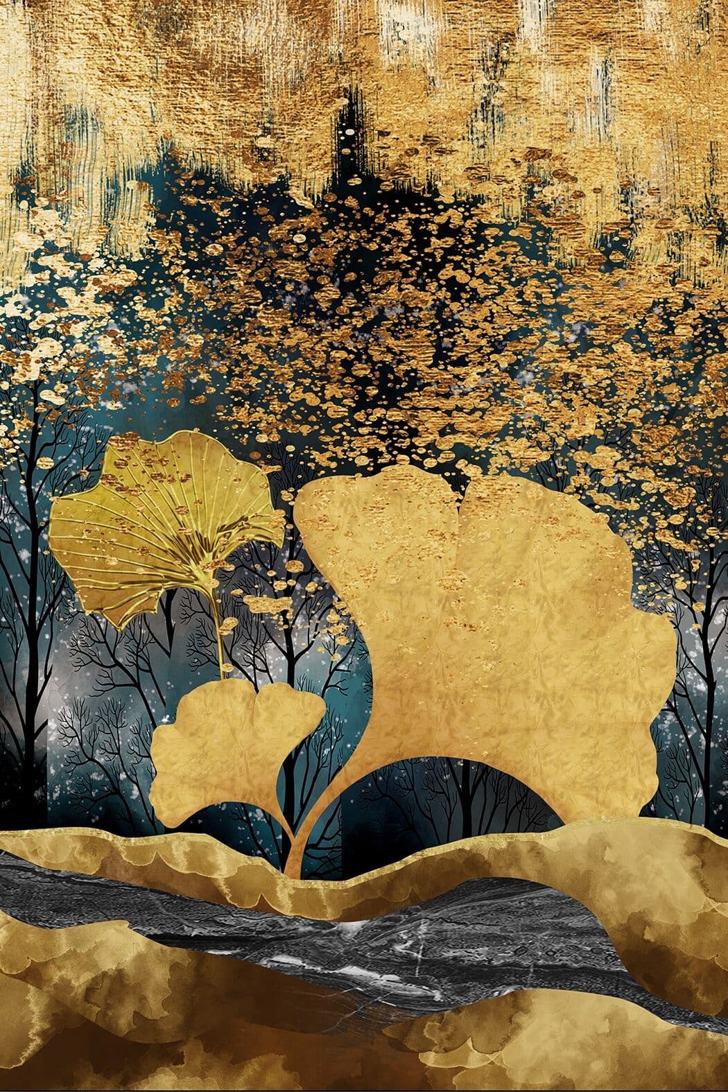 Leinwandbild QUEENCE "Gingko in Gold, Canvas Bild von Hand bespannt", gold (farbe bild(er): gold,schwarz,grün,grau), B:80cm H:120cm T:2cm, Bilder, Leinwandbild, Zeitlose Ginkgo-Motive in hellen Farben farbe bild(er): gold,schwarz,grün,grau B/H/T: 80cm x 1