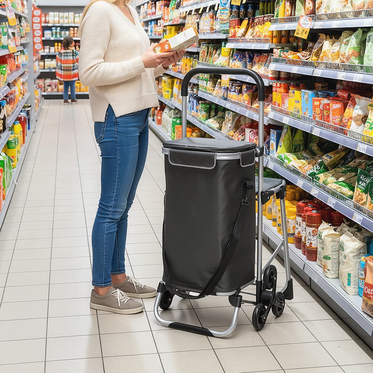 Homcom Carrello spesa da 40 L a 3 ruote con sedile e telaio in alluminio, grigio scuro   Aosom Italy
