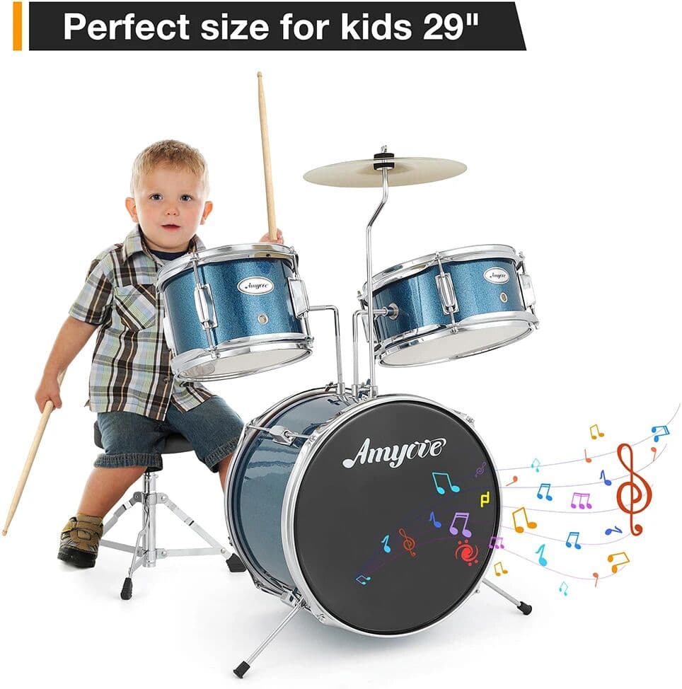 HiMISS Junior 3-Piece Drum Set For Beginners, Complete Kids Drum Kit With Throne Cymbals Pedal, Wood Metal Construction For Practice