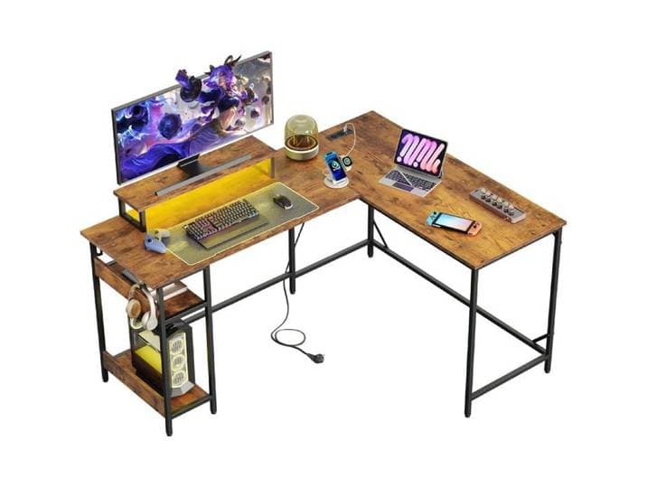 DEVAISE Bureau d'angle gaming 2-en-1 L 152 × 118 cm ou I 220 × 50 cm éclairage RGB support écran rangement brun vintage