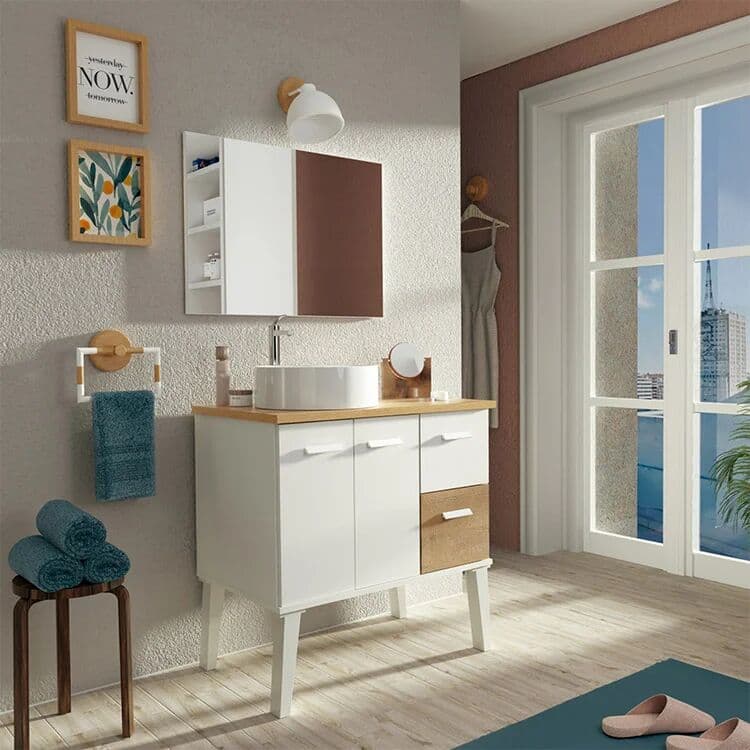 garneroarredamenti Mobile bagno a terra 82cm con lavabo 2 cassetti 2 ante bianco rovere Inok