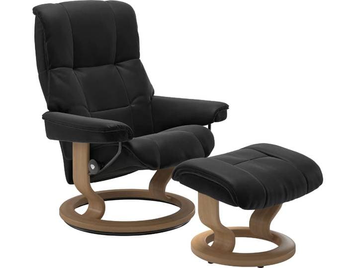 Relaxsessel STRESSLESS Mayfair , schwarz (schwarz paloma), B:88cm H:102cm T:77cm, Leder BATICK: BATICK ist ein leicht korrigiertes, durchgefärbtes und genarbtes Möbelleder, bei dem die meisten Unebenheiten und Spuren in der Regel entfernt wurden.;Leder PALOMA: PALOMA ist ein durchgefärbtes Semianilin-Möbelleder mit natürlicher Narbung.;ROHLEDER Stoff Q2 FARON: Ein fester zuverlässiger Bouclé mit einem strukturierten Aussehen und einer komfortablen Oberfläche (100% Polyester im Flor, Grundgewebe: 50% Polyester, 50% Polyacryl);Microfaser DINAMICA (88% Polyester, 12% Polyurethan), Sessel, Relaxsessel, mit Hocker, mit Classic Base, Größe S, M & L, Gestell Eiche, in 3 Bezugsqualitäten lieferbar